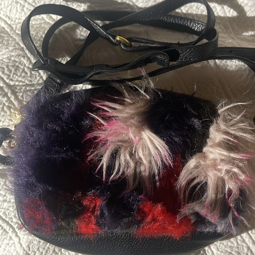 UGG Janey Patchwork Leather Crossbody Bag Purse Handbag Pink Red Faux Fuzzy Fur